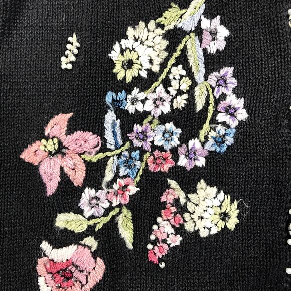 TIARA Vintage 90s Embroidered Knit Cardigan Women L Black Retro Unique Old Money - Picture 4 of 10